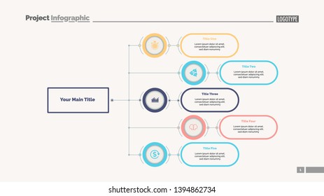 Five options flowchart slide template. Business data. Structure, hierarchy, design. Creative concept for infographic, presentation, report. Can be used for topics like consulting, teamwork, planning.
