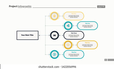 Five options flowchart slide template. Business data. Structure, hierarchy, design. Creative concept for infographic, presentation, report. Can be used for topics like consulting, teamwork, planning.