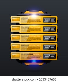 Five options with glowing light in yellow industrial techno style on dark gray background