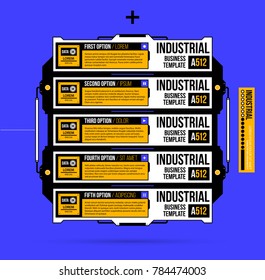 Five options with hi-tech elements in geometric industrial/techno style on deep blue background