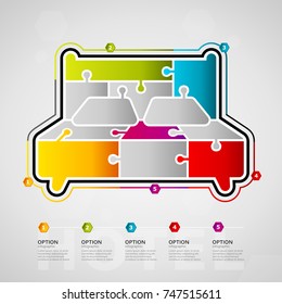 Five options Hotel timeline infographic design with bed icon made out of jigsaw pieces