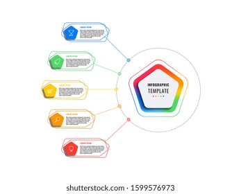 five options infographic template with pentagons and polygonal elements on a white background. modern business process visualisation with thin line marketing icons. vector illustration eps 10