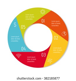 Five options isolated infographic banner. Circular workflow layout. Number banner template for diagram, presentation or chart. Round progress steps for tutorial. Business concept sequence banner.