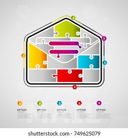 Five options Mail timeline infographic design with envelope icon made out of jigsaw pieces