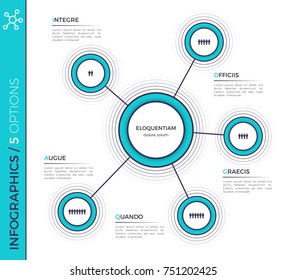 Five options minimalistic creative infographic chart, scheme, design. Vector template for presentations, data visualization, layouts; annual reports, web.