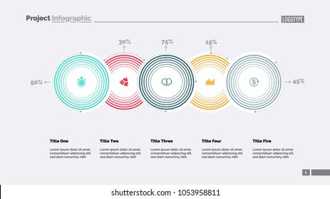 Five options percentage chart slide template. Business data. Percent, stage, design. Creative concept for infographic, presentation, report. For topics like research, economics, statistics.