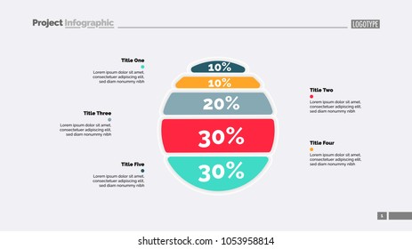 Five options percentage chart slide template. Business data. Report, comparison, design. Creative concept for infographic, presentation, report. Can be used for topics like banking, finance, research.