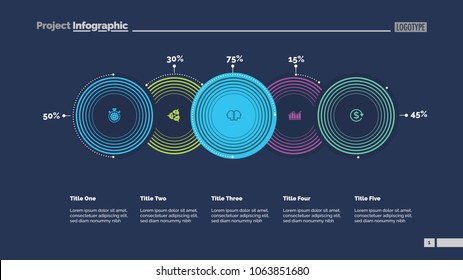Five options percentage chart slide template. Business data. Percent, stage, design. Creative concept for infographic, presentation, report. For topics like research, economics, statistics.