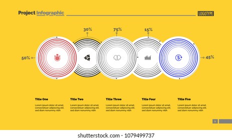 Five options percentage chart slide template. Business data. Percent, stage, design. Creative concept for infographic, presentation, report. For topics like research, economics, statistics.