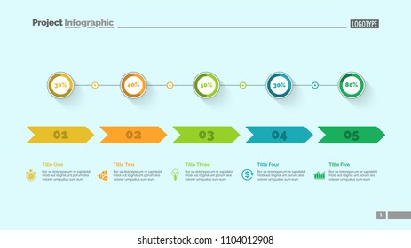 Five options percentage chart slide template. Business data. Arrow, diagram, design. Creative concept for infographic, presentation. Can be used for topics like marketing, statistics, production.
