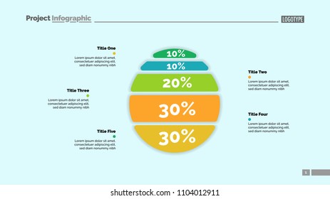 Five options percentage chart slide template. Business data. Report, comparison, design. Creative concept for infographic, presentation, report. Can be used for topics like banking, finance, research.
