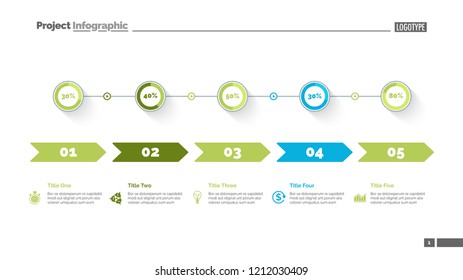 Five options percentage chart slide template. Business data. Arrow, diagram, design. Creative concept for infographic, presentation. Can be used for topics like marketing, statistics, production.