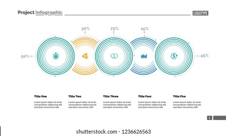 Five options percentage chart slide template. Business data. Percent, stage, design. Creative concept for infographic, presentation, report. For topics like research, economics, statistics.