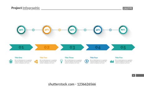 Five options percentage chart slide template. Business data. Arrow, diagram, design. Creative concept for infographic, presentation. Can be used for topics like marketing, statistics, production.