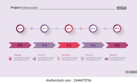 Five options percentage chart slide template. Business data. Arrow, diagram, design. Creative concept for infographic, presentation. Can be used for topics like marketing, statistics, production.