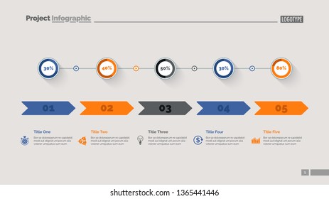 Five options percentage chart slide template. Business data. Arrow, diagram, design. Creative concept for infographic, presentation. Can be used for topics like marketing, statistics, production.