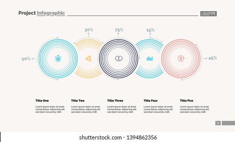 Five options percentage chart slide template. Business data. Percent, stage, design. Creative concept for infographic, presentation, report. For topics like research, economics, statistics.