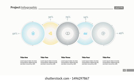Plantilla de diapositiva de gráfico porcentual de cinco opciones.Datos comerciales. Porcentaje, escenario, diseño. Concepto creativo para infografía, presentación, informe. Para temas como investigación, economía, estadísticas.