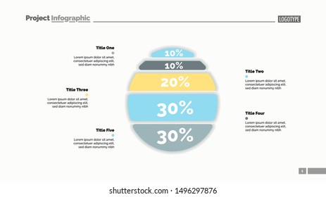 Five options percentage chart slide template. Business data. Report, comparison, design. Creative concept for infographic, presentation, report. Can be used for topics like banking, finance, research.