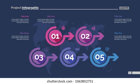 Five options process chart slide template. Business data. Flow, point, design. For infographic, presentation, report. For topics like marketing, planning, logistics.