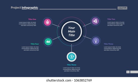 Five options process chart slide template. Business data. Plan, point, design. Creative concept for infographic, presentation, report. Can be used for topics like banking, teamwork, training.