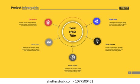 Five options process chart slide template. Business data. Plan, point, design. Creative concept for infographic, presentation, report. Can be used for topics like banking, teamwork, training.
