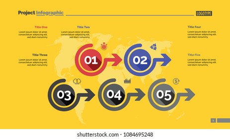 Five options process chart slide template. Business data. Flow, point, design. For infographic, presentation, report. For topics like marketing, planning, logistics.