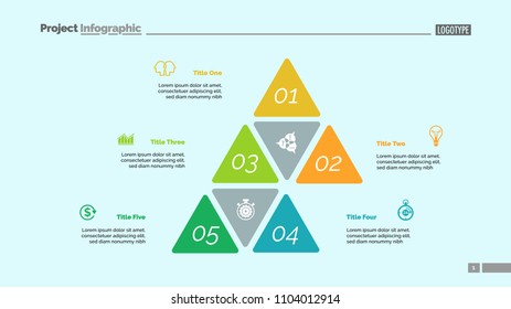 Five options process chart slide template. Business data. Step, financial, design. Creative concept for infographic, presentation, report. Can be used for topics like marketing, finance, research.