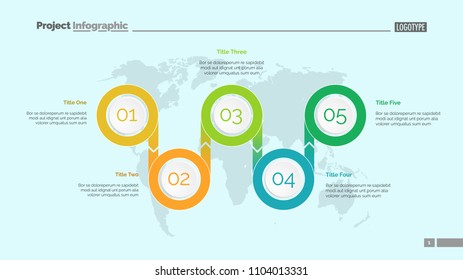 Five options process chart slide template. Business data. World map, diagram, design. Creative concept for infographic, presentation. Can be used for topics like management, research, logistics.