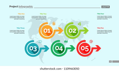Five options process chart slide template. Business data. Flow, point, design. For infographic, presentation, report. For topics like marketing, planning, logistics.