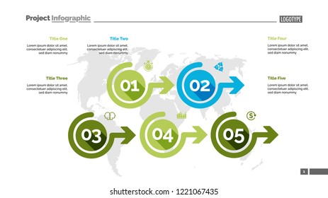Five options process chart slide template. Business data. Flow, point, design. For infographic, presentation, report. For topics like marketing, planning, logistics.