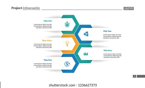 Five options process chart slide template. Business data. Workflow, visualization, design. Creative concept for infographic, presentation, report. For topics like research, strategy, consulting.