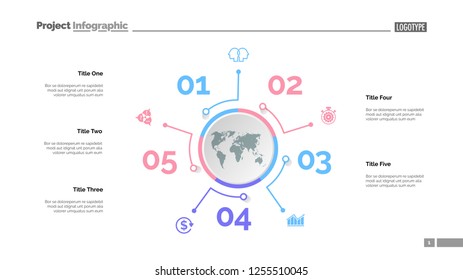 Five options process chart slide template. Business data. Success, model, design. Creative concept for infographic, presentation, report. Can be used for topics like management, finance, banking.