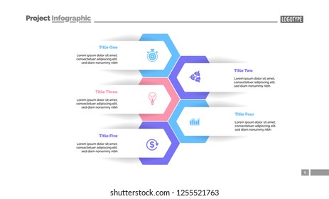 Five options process chart slide template. Business data. Workflow, visualization, design. Creative concept for infographic, presentation, report. For topics like research, strategy, consulting.