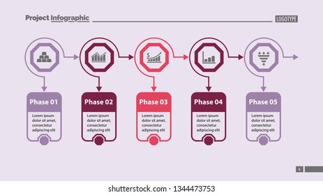 Five options process chart slide template. Business data. Workflow, diagram, design. Creative concept for infographic, presentation. Can be used for topics like marketing, strategy, teamwork.