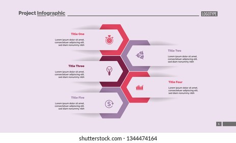 Five options process chart slide template. Business data. Workflow, visualization, design. Creative concept for infographic, presentation, report. For topics like research, strategy, consulting.
