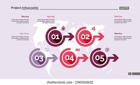 Five options process chart slide template. Business data. Flow, point, design. For infographic, presentation, report. For topics like marketing, planning, logistics.