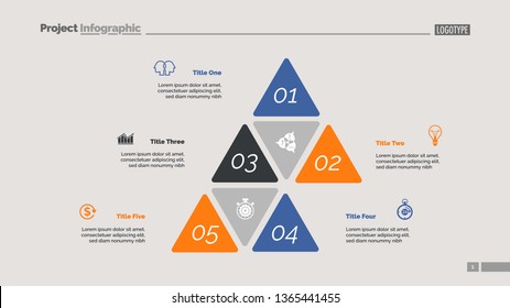 Five options process chart slide template. Business data. Step, financial, design. Creative concept for infographic, presentation, report. Can be used for topics like marketing, finance, research.
