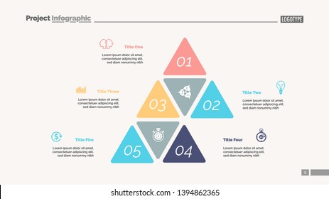 Five options process chart slide template. Business data. Step, financial, design. Creative concept for infographic, presentation, report. Can be used for topics like marketing, finance, research.
