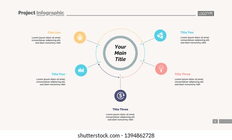 Five options process chart slide template. Business data. Plan, point, design. Creative concept for infographic, presentation, report. Can be used for topics like banking, teamwork, training.