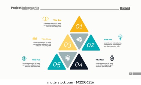 Five options process chart slide template. Business data. Step, financial, design. Creative concept for infographic, presentation, report. Can be used for topics like marketing, finance, research.