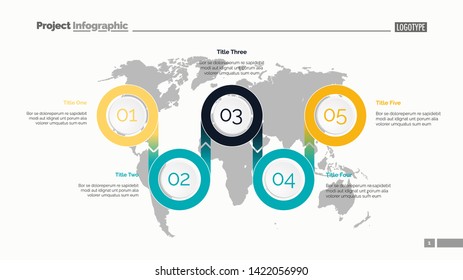 Five options process chart slide template. Business data. World map, diagram, design. Creative concept for infographic, presentation. Can be used for topics like management, research, logistics.