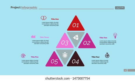 Five options process chart slide template. Business data. Step, financial, design. Creative concept for infographic, presentation, report. Can be used for topics like marketing, finance, research.