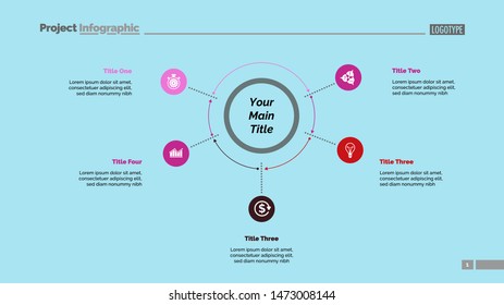 Five options process chart slide template. Business data. Plan, point, design. Creative concept for infographic, presentation, report. Can be used for topics like banking, teamwork, training.