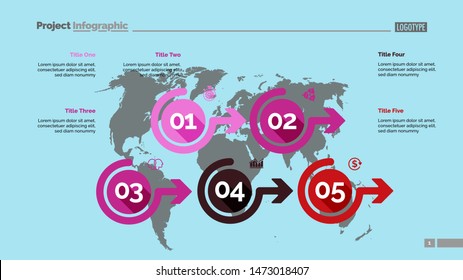 Five options process chart slide template. Business data. Flow, point, design. For infographic, presentation, report. For topics like marketing, planning, logistics.