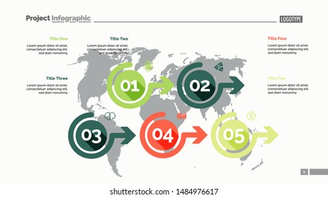Five options process chart slide template. Business data. Flow, point, design. For infographic, presentation, report. For topics like marketing, planning, logistics.