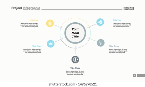Five options process chart slide template. Business data. Plan, point, design. Creative concept for infographic, presentation, report. Can be used for topics like banking, teamwork, training.