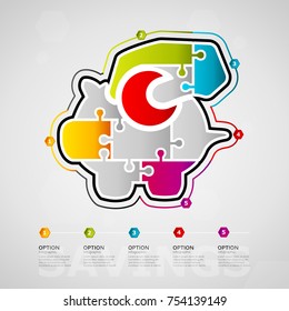 Five options savings timeline infographic design with piggy bank icon made out of jigsaw pieces