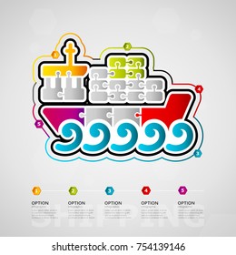 Five options shipping timeline infographic design with container ship icon made out of jigsaw pieces