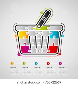 Five options shopping timeline infographic design with basket icon made out of jigsaw pieces